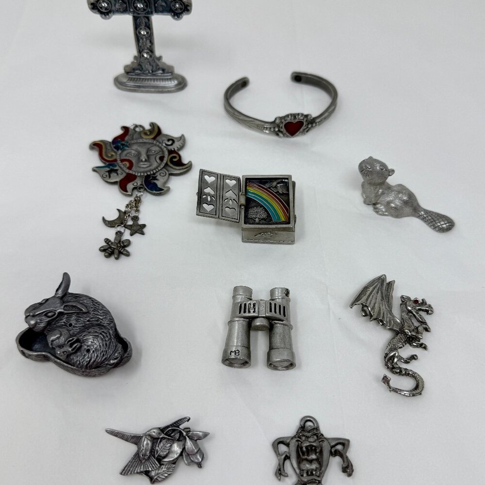 Vintage Pewter Collectibles Lot – Fantasy Pins, Dragon, Sun Face, Trinket Boxes,